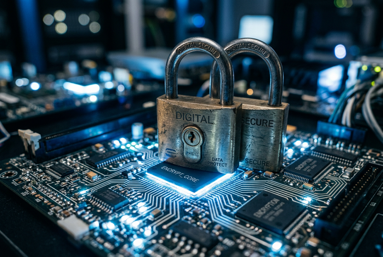 Cyber security concept showing a glowing digital padlock over a circuit board.